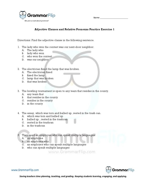 Adjective Clauses and Relative Pronouns Worksheet