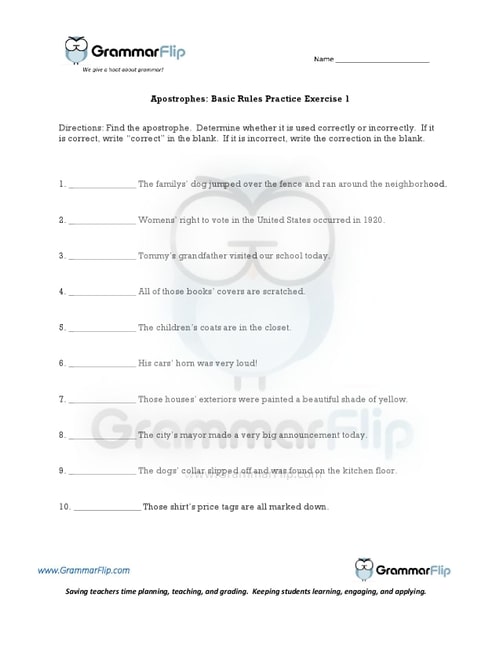 Apostrophes Basic Rules Worksheet