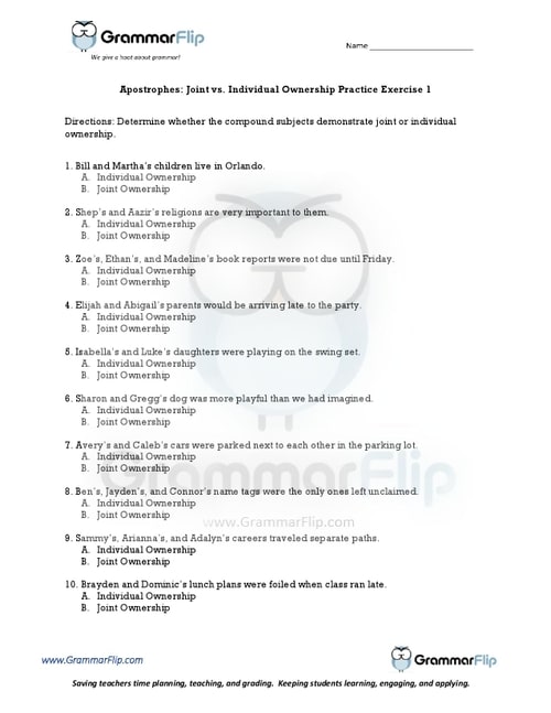 Apostrophes Joint vs Individual Ownership Worksheet