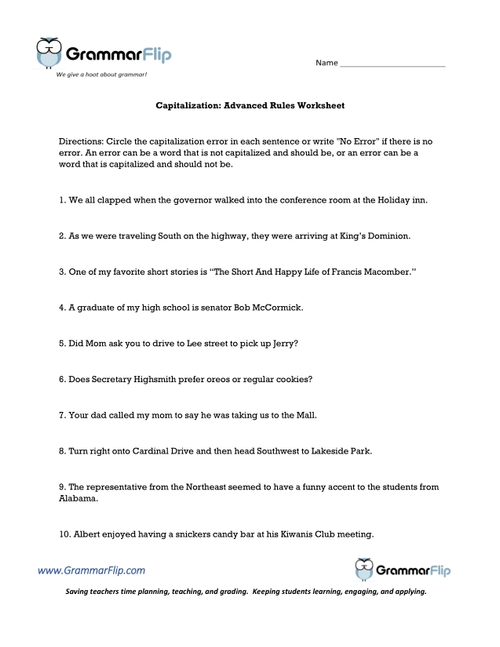 Capitalization Advanced Rules Worksheet