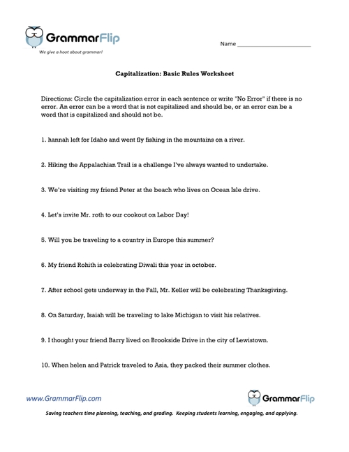 Capitalization Basic Rules Worksheet