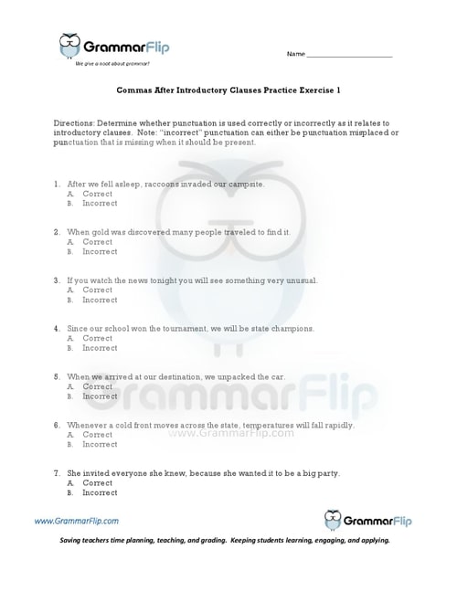 Commas After Introductory Clauses Worksheet