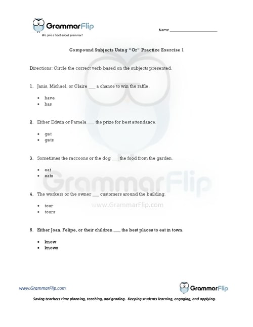 Compound Subjects Using Or Worksheet