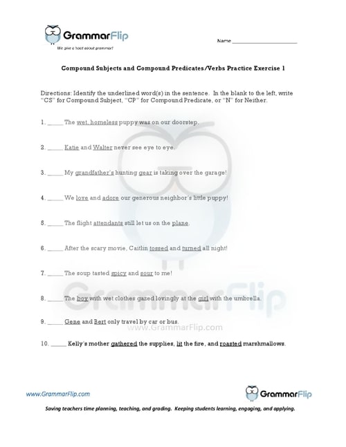 Compound Subjects and Compound Predicates Verbs Worksheet