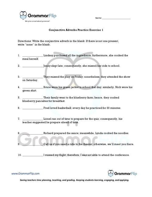 Conjunctive Adverbs Worksheet