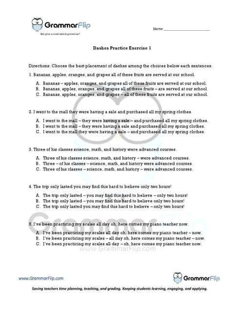 Dashes Worksheet