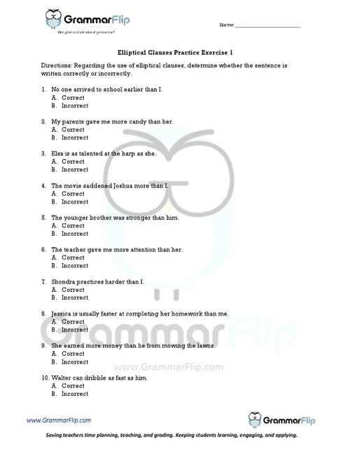 Elliptical Clauses Worksheet