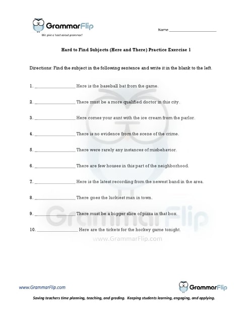 Hard to Find Subjects Here and There Worksheet