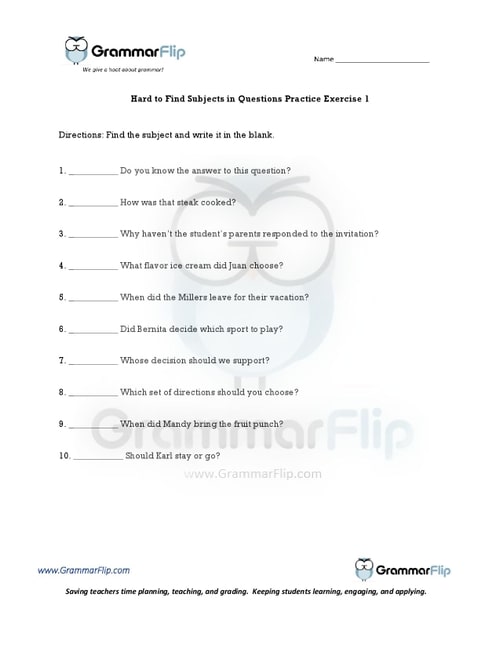 Hard to Find Subjects in Questions Worksheet