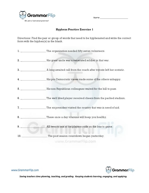 Hyphens Worksheet