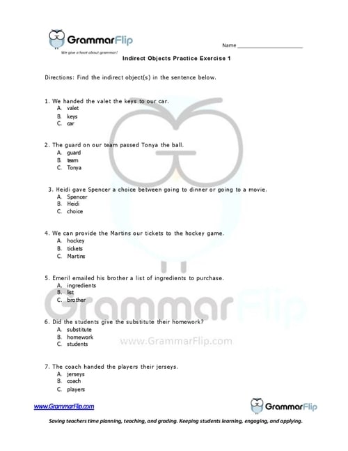 Indirect Objects Worksheet