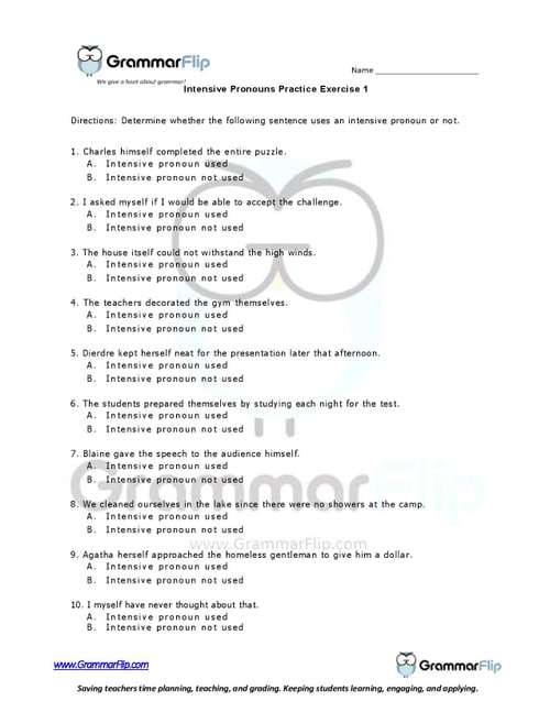 Intensive Pronouns Worksheet