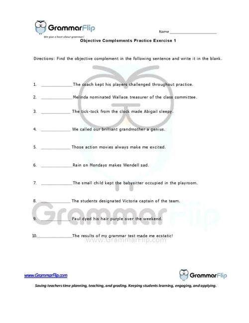 Objective Complements Worksheet