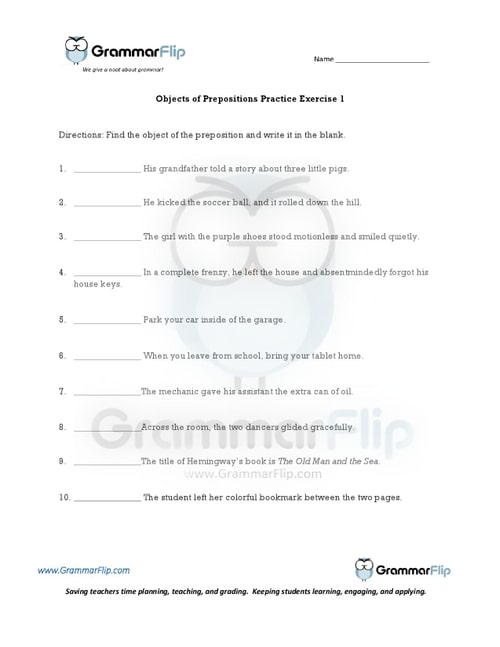 Objects of Prepositions Worksheet