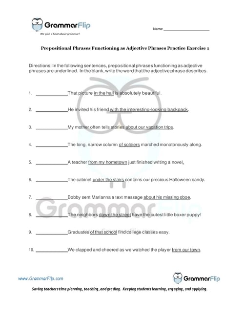 Prepositional Phrases Functioning as Adjective Phrases Worksheet