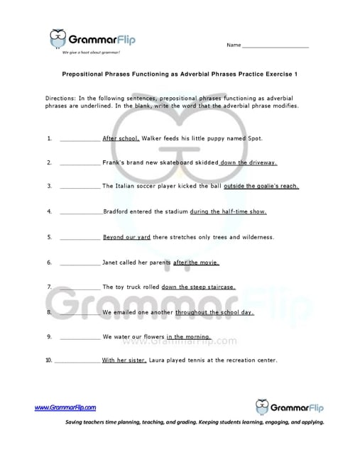 Prepositional Phrases Functioning as Adverb Phrases Worksheet