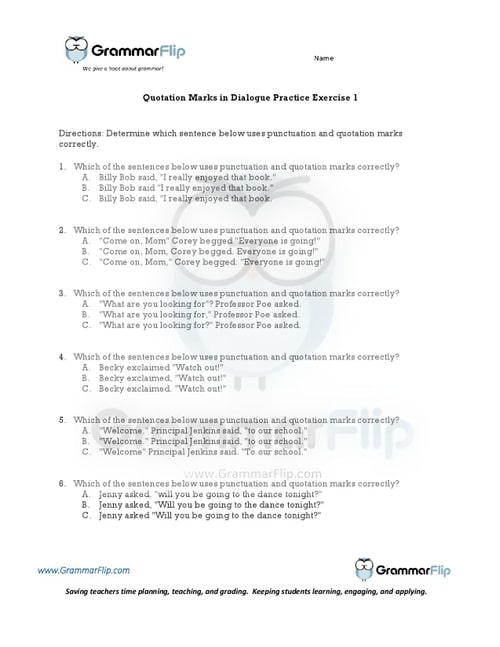 Quotation Marks in Dialogue Worksheet