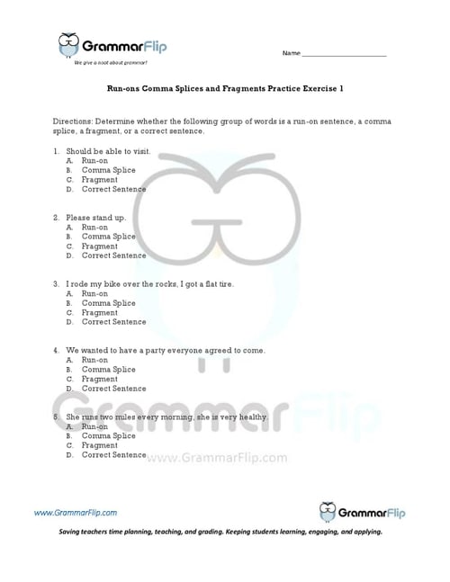 Run-ons Comma Splices and Fragments Worksheet