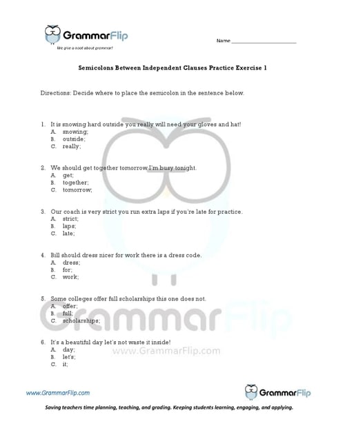 Semicolons Between Independent Clauses Worksheet