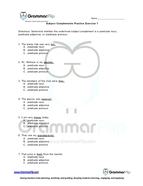 Subject Complements Worksheet