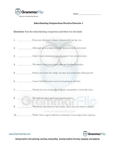 Subordinating Conjunctions Worksheet