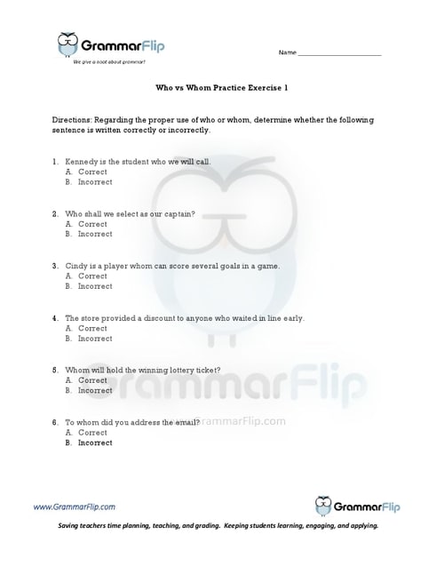 Who vs Whom Free Worksheet